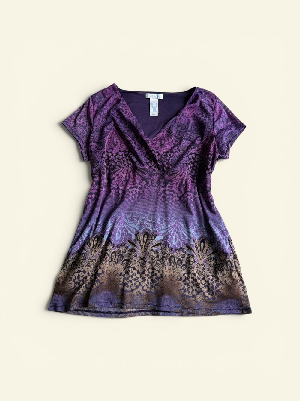 Lizwear Vintage Y2K Purple Ombre Paisley Mesh Top Surplice V-Neck Tunic Womens L